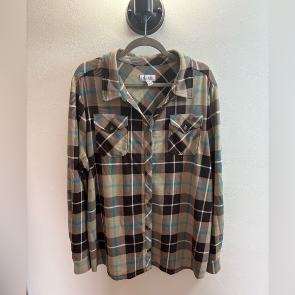 Denim & Co Brown Plaid Fleece Button Down 1X - Picture 1 of 3